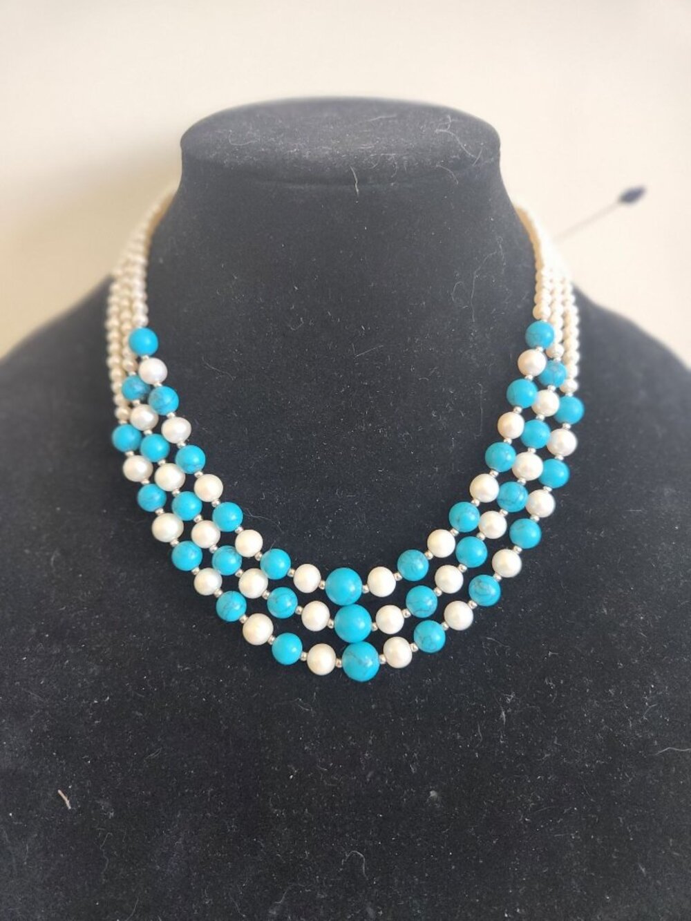 Three strand pearl and turquoise with silver beads necklace signed